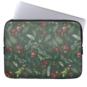 Rustic Green Christmas Foliage Botanical Pattern Laptop Sleeve