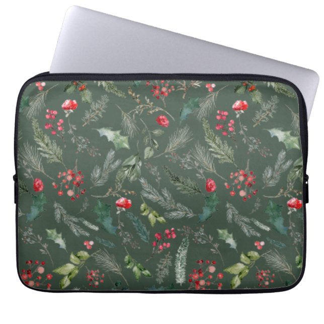 Rustic Green Christmas Foliage Botanical Pattern Laptop Sleeve (Front)