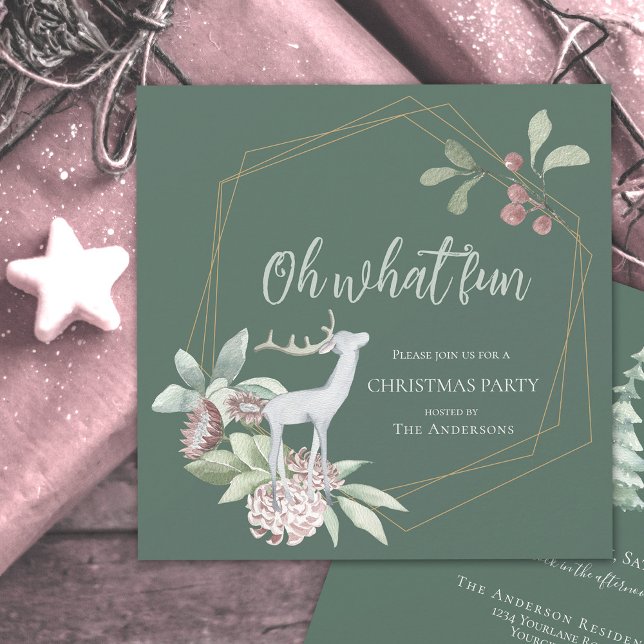 Rustic green Christmas Oh what fun deer wreath  Invitation (Creator Uploaded)