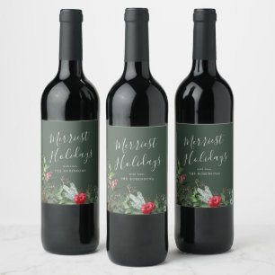 Rustic Green Christmas Winter Botanical Greenery Wine Label