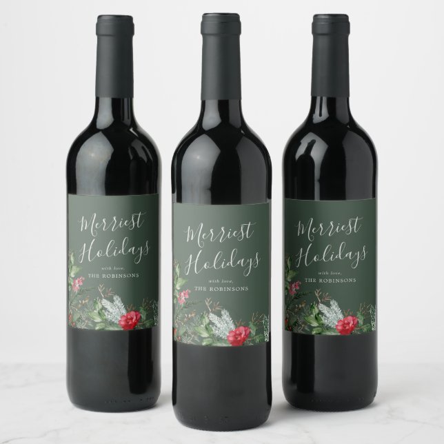 Rustic Green Christmas Winter Botanical Greenery Wine Label (Bottles)