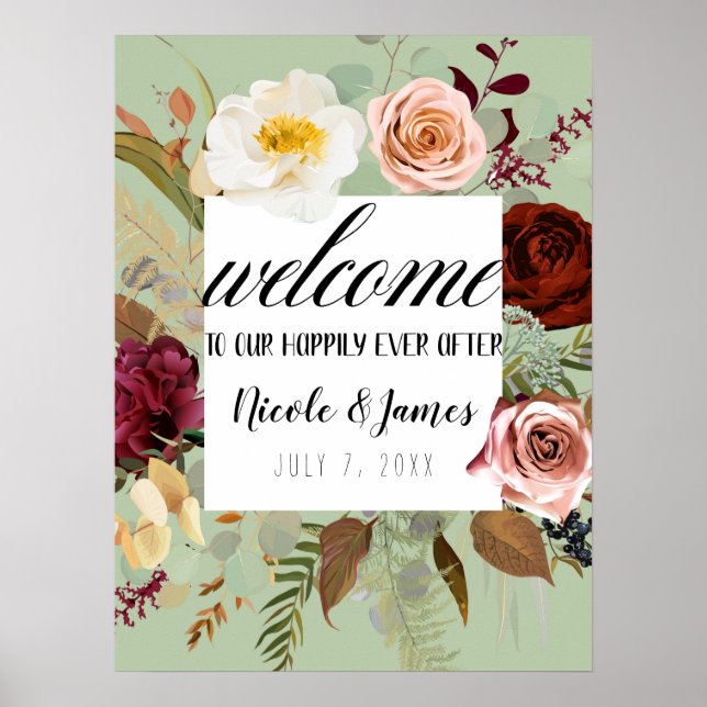 Rustic Green Country Floral Bloom Wedding Welcome Poster (Front)