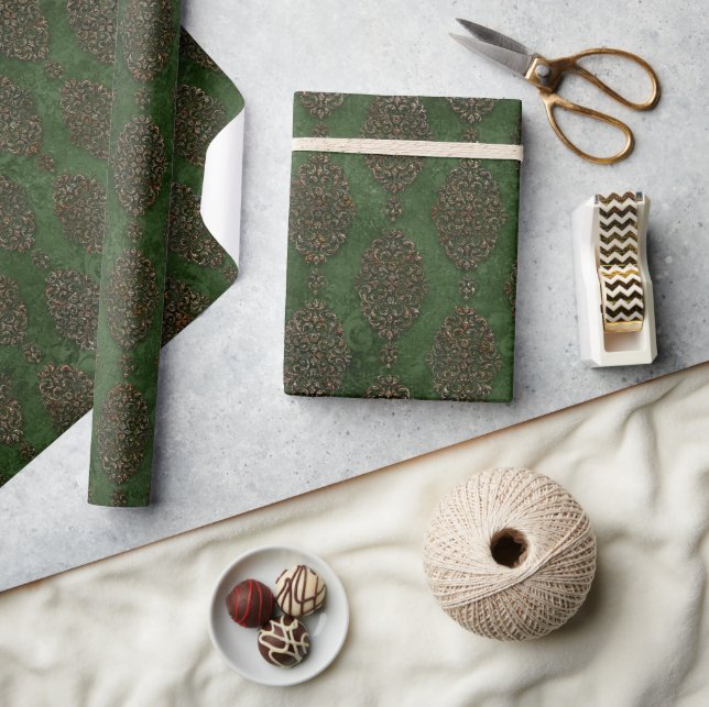 Rustic Green Damask Elegant Vintage Holiday Wrapping Paper (Crafts)