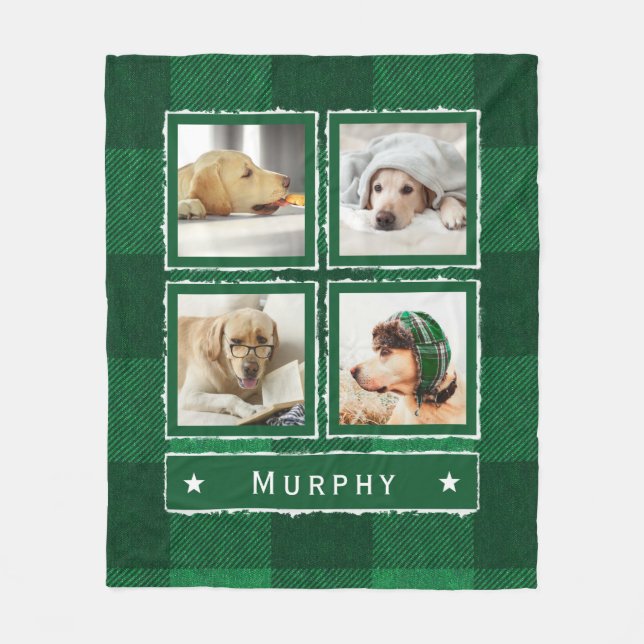 Rustic Green Denim Buffalo Plaid 4 Photo Dog Large Fleece Blanket (Front)