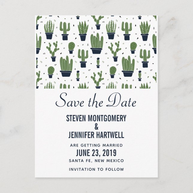 Rustic Green Desert Cactus Pattern Save the Date Postcard (Front)
