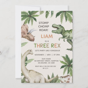 Rustic Green Dinosaur Three Rex Birthday Invitation