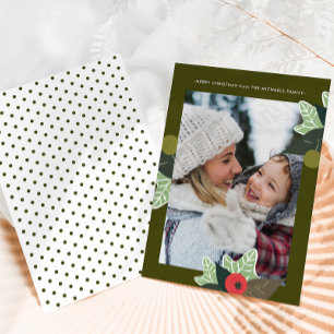 Rustic Green Dots Botanical Frame Photo Christmas Holiday Card