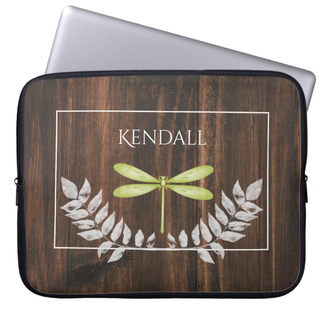 Rustic Green Dragonfly Personalised Laptop Sleeve (Front)