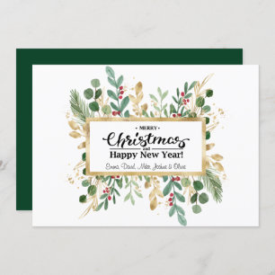 Rustic Green Elegant Script Gold Foliage Floral Holiday Card