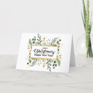 Rustic Green Elegant Script Gold Foliage Floral Holiday Card