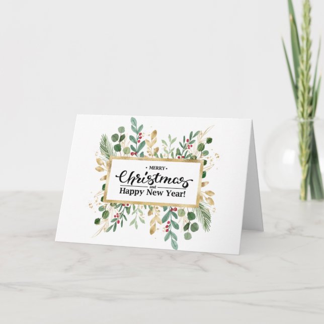 Rustic Green Elegant Script Gold Foliage Floral  Holiday Card (Front)