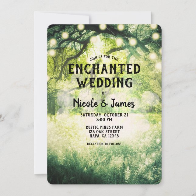 Rustic Green Enchanted Forest Lights Wedding   Invitation (Front)
