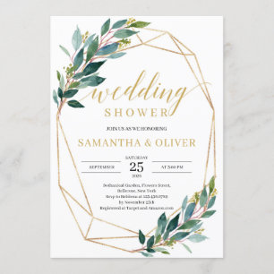 Rustic green eucaluptus gold frame wedding shower invitation