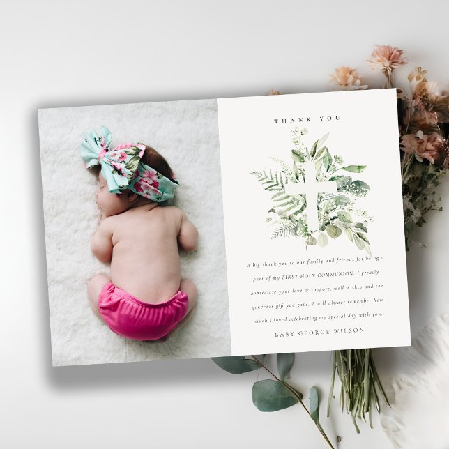 Rustic Green Eucalyptus Fauna Cross Photo Baptism Thank You Card (Creator Uploaded)