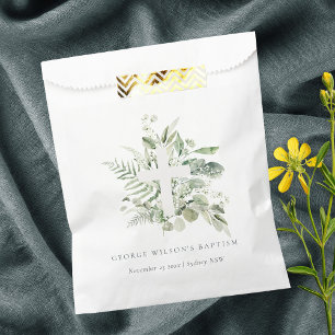 Rustic Green Eucalyptus Fern Foliage Cross Baptism Favour Bags