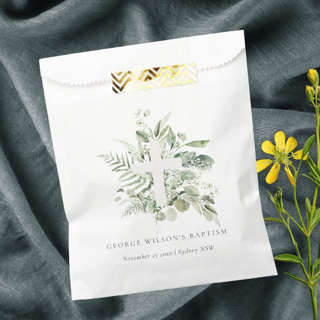 Rustic Green Eucalyptus Fern Foliage Cross Baptism Favour Bags (Creator Uploaded)