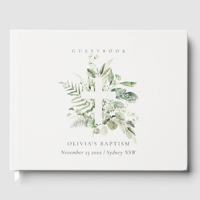 Rustic Green Eucalyptus Fern Foliage Cross Baptism Guest Book (Front)