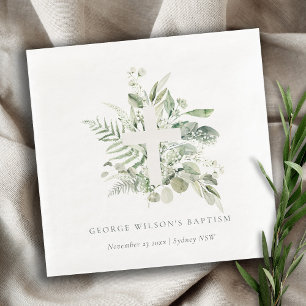 Rustic Green Eucalyptus Fern Foliage Cross Baptism Napkin