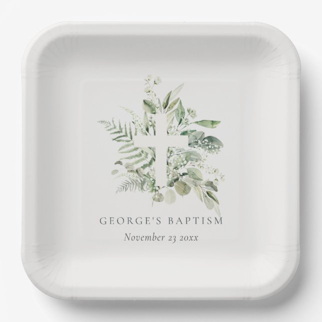 Rustic Green Eucalyptus Fern Foliage Cross Baptism Paper Plate (Front)