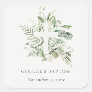 Rustic Green Eucalyptus Fern Foliage Cross Baptism Square Sticker
