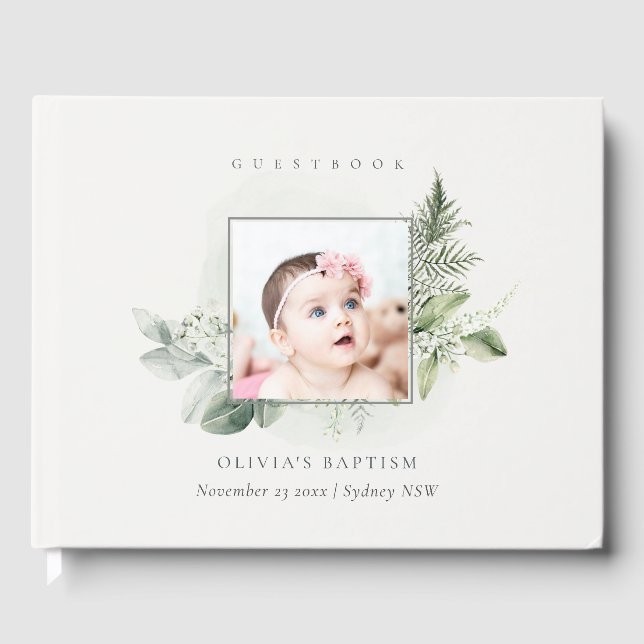 Rustic Green Eucalyptus Fern Foliage Photo Baptism Guest Book (Front)