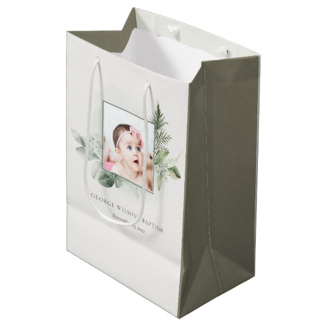 Rustic Green Eucalyptus Fern Foliage Photo Baptism Medium Gift Bag (Front Angled)