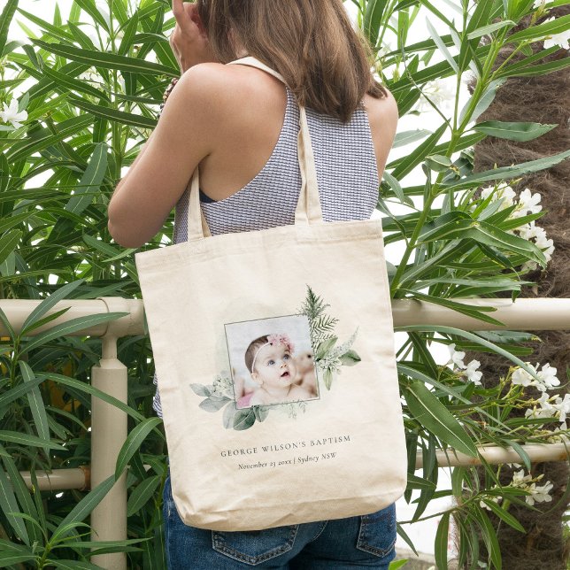 Rustic Green Eucalyptus Fern Foliage Photo Baptism Tote Bag (Creator Uploaded)