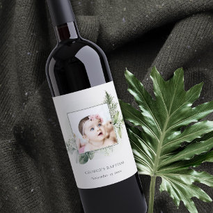 Rustic Green Eucalyptus Fern Foliage Photo Baptism Wine Label