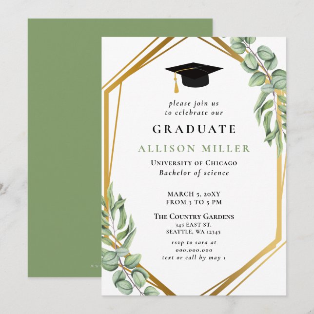 Rustic Green Eucalyptus Gold Geometric Graduation Invitation (Front/Back)
