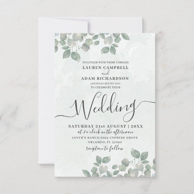 Rustic Green Eucalyptus Watercolor Wedding Invitation (Front)