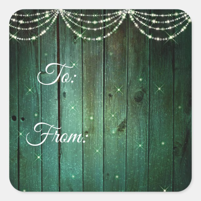 Rustic Green Fairy Lights Christmas Gift Square Sticker (Front)