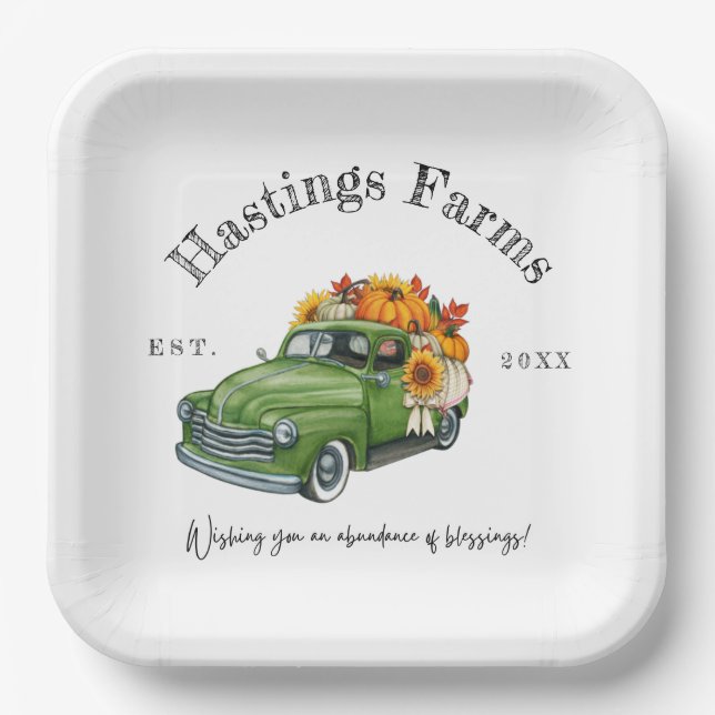 Rustic Green Farm Truck Thanksgiving Harvest Paper Plate (Front)