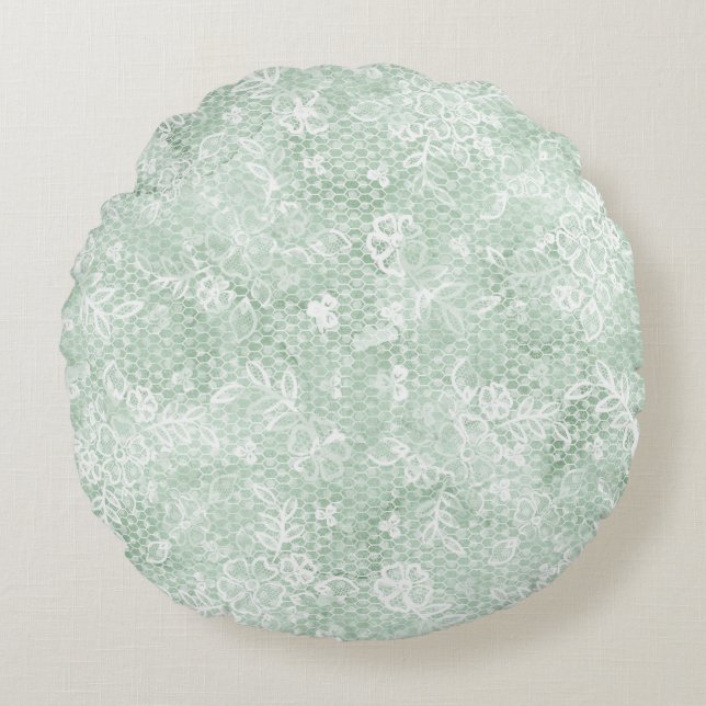 Rustic Green Faux Lace Vintage Round Cushion (Front)