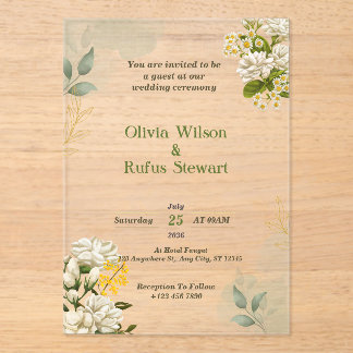 Rustic Green Floral Acrylic Wedding Invitations