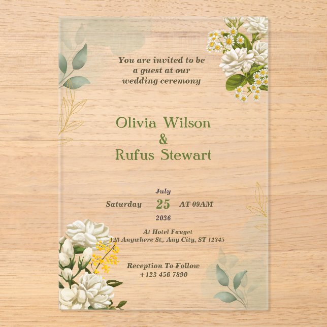 Rustic Green Floral Acrylic Wedding Invitations (Front)