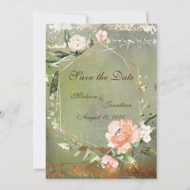 Rustic Green Floral Gold Script Wedding Save The Date (Front)