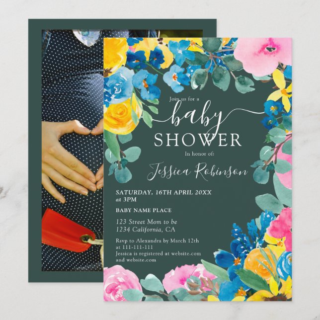 Rustic green floral photo baby shower invitation (Front/Back)