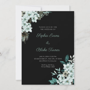 Rustic Green Flowers Boho Black Wedding Invitation
