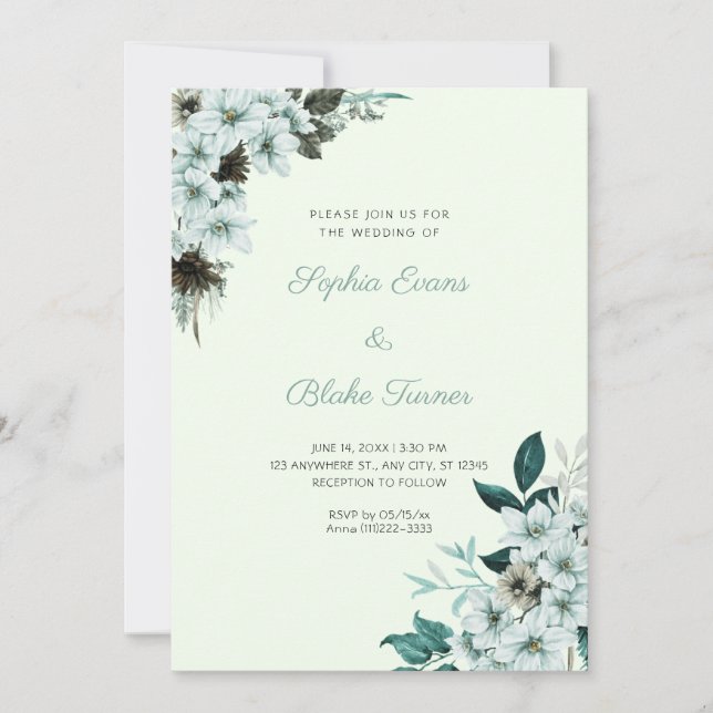 Rustic Green Flowers Boho Light Green Wedding Invitation (Front)