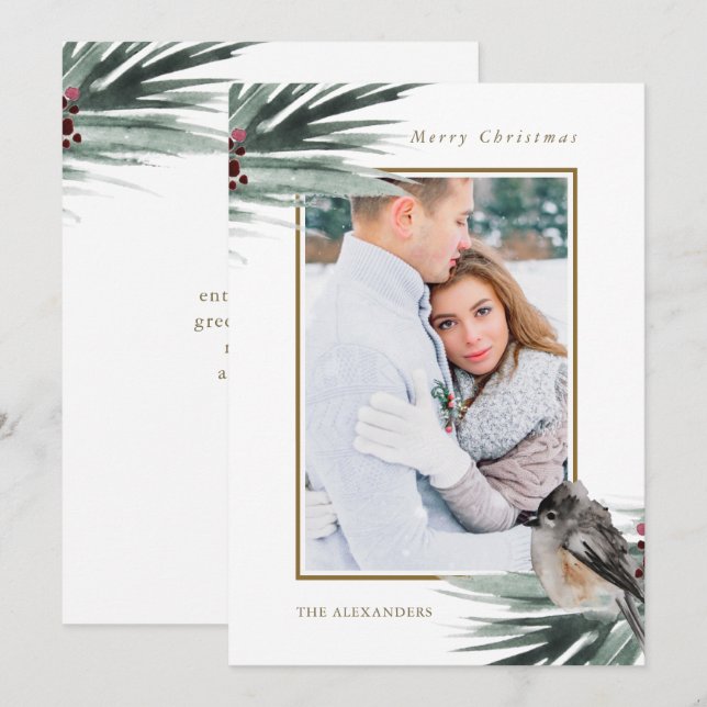 Rustic Green Foliage Photo Merry Christmas Holiday Card (Front/Back)