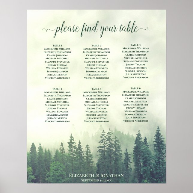 Rustic Green Forest 6 Table Wedding Seating Chart (Front)