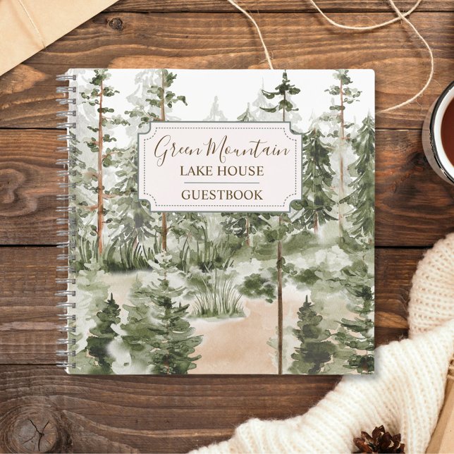 Rustic Green Forest Cabin Lake House Guestbook Notebook (In situ)
