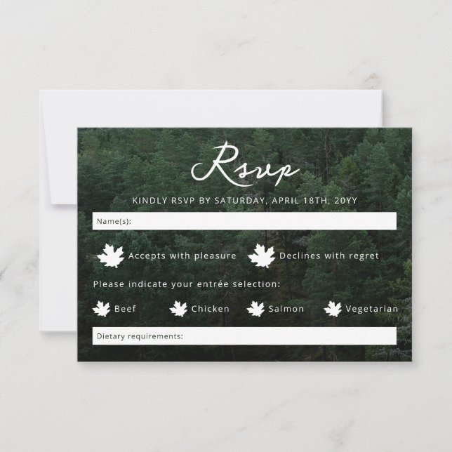 Rustic Green Forest Photo Background Wedding RSVP Card (Front)