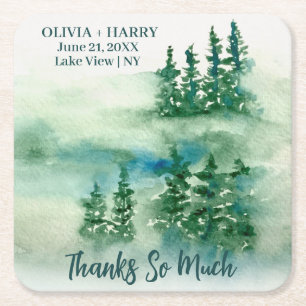 Rustic Green Forest Pine Trees Square Paper Coaster