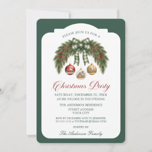 Rustic Green Garland Plaid Bow Christmas Party Invitation