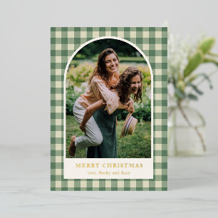 Rustic Green Gingham Arch Photo Modern Christmas Foil Holiday Card