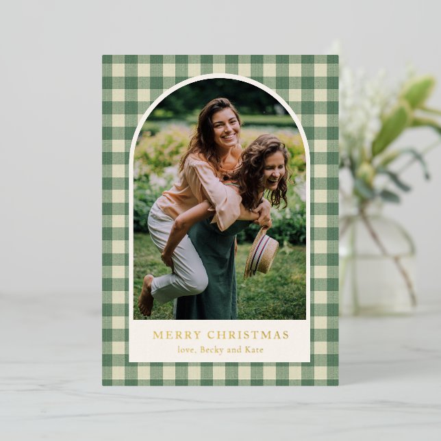 Rustic Green Gingham Arch Photo Modern Christmas Foil Holiday Card (Standing Front)