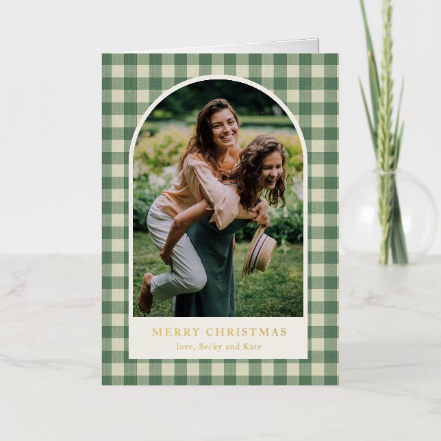 Rustic Green Gingham Arch Photo Modern Christmas Foil Holiday Card (Front)