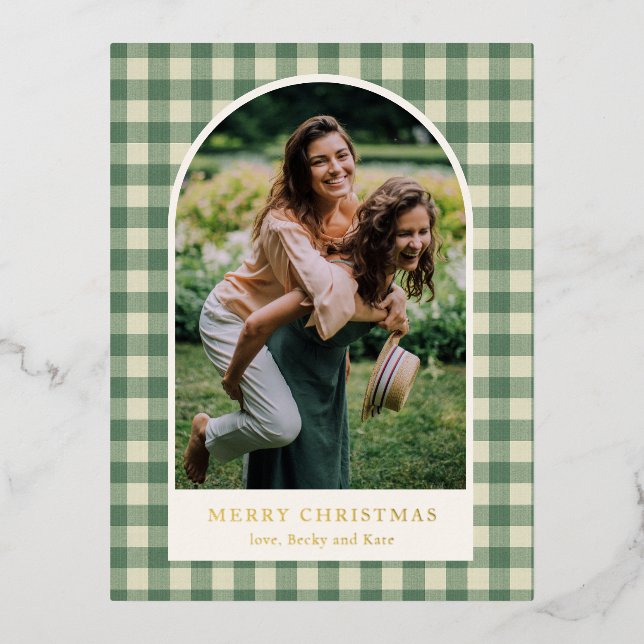 Rustic Green Gingham Arch Photo Modern Christmas Foil Holiday Postcard (Front)