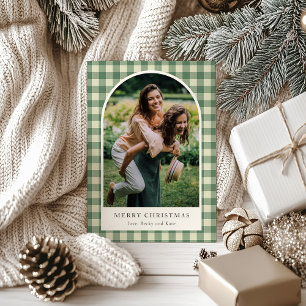 Rustic Green Gingham Arch Photo Modern Christmas Holiday Card